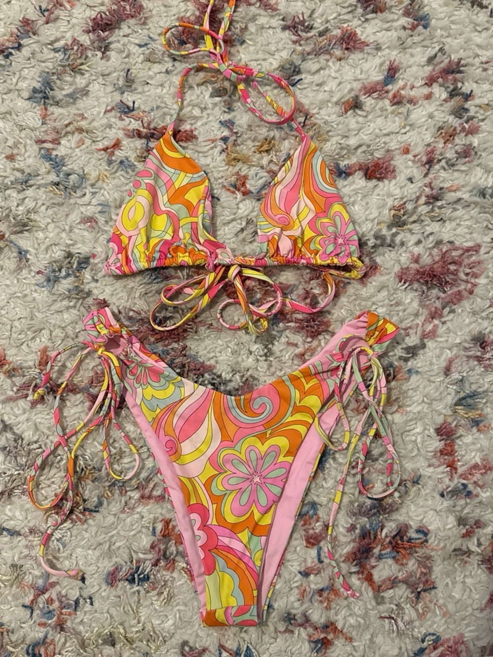 Frankie's Bikinis Pink Orange Yellow Retro Floral Triangle Bikini